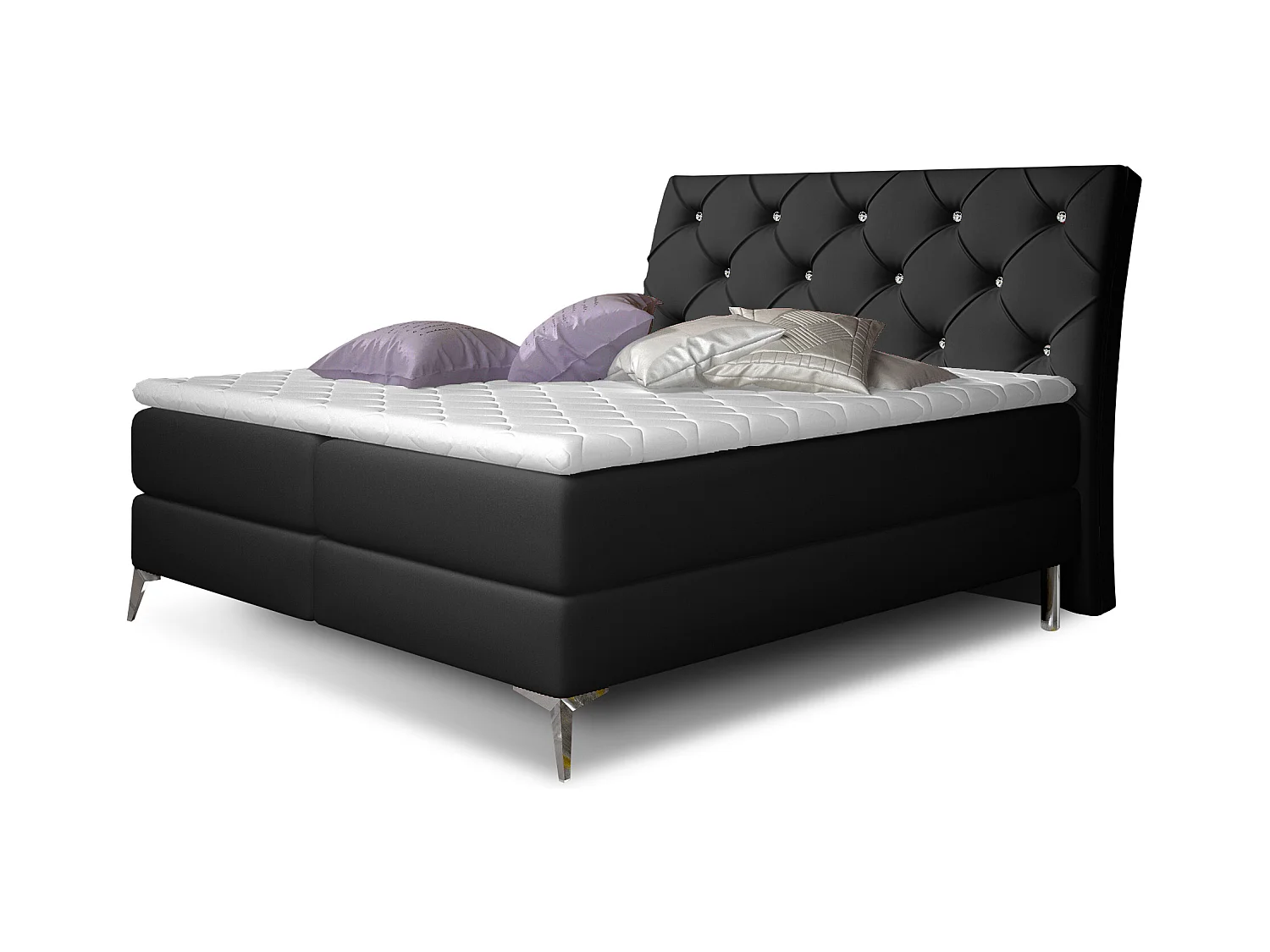 Lit design continental avec tête de lit capitonnée strass simili cuir noir Banky-180x200