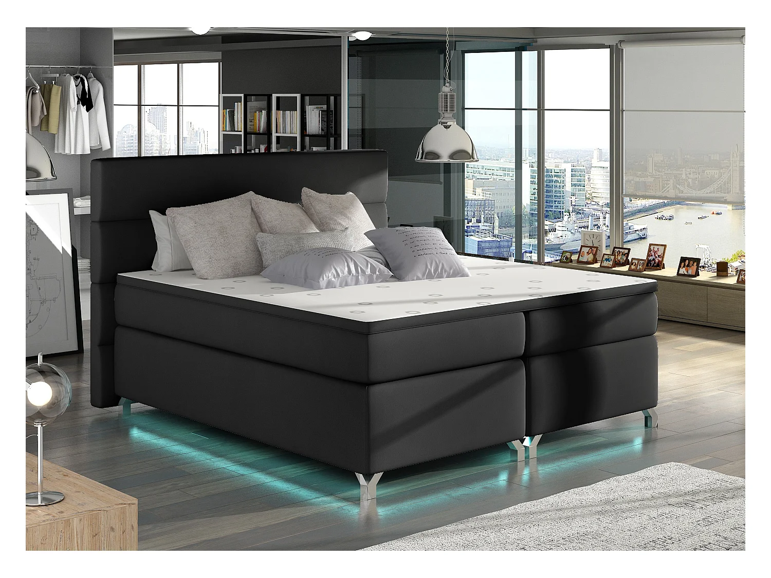 Lit boxspring 180x200 simili cuir noir Mador