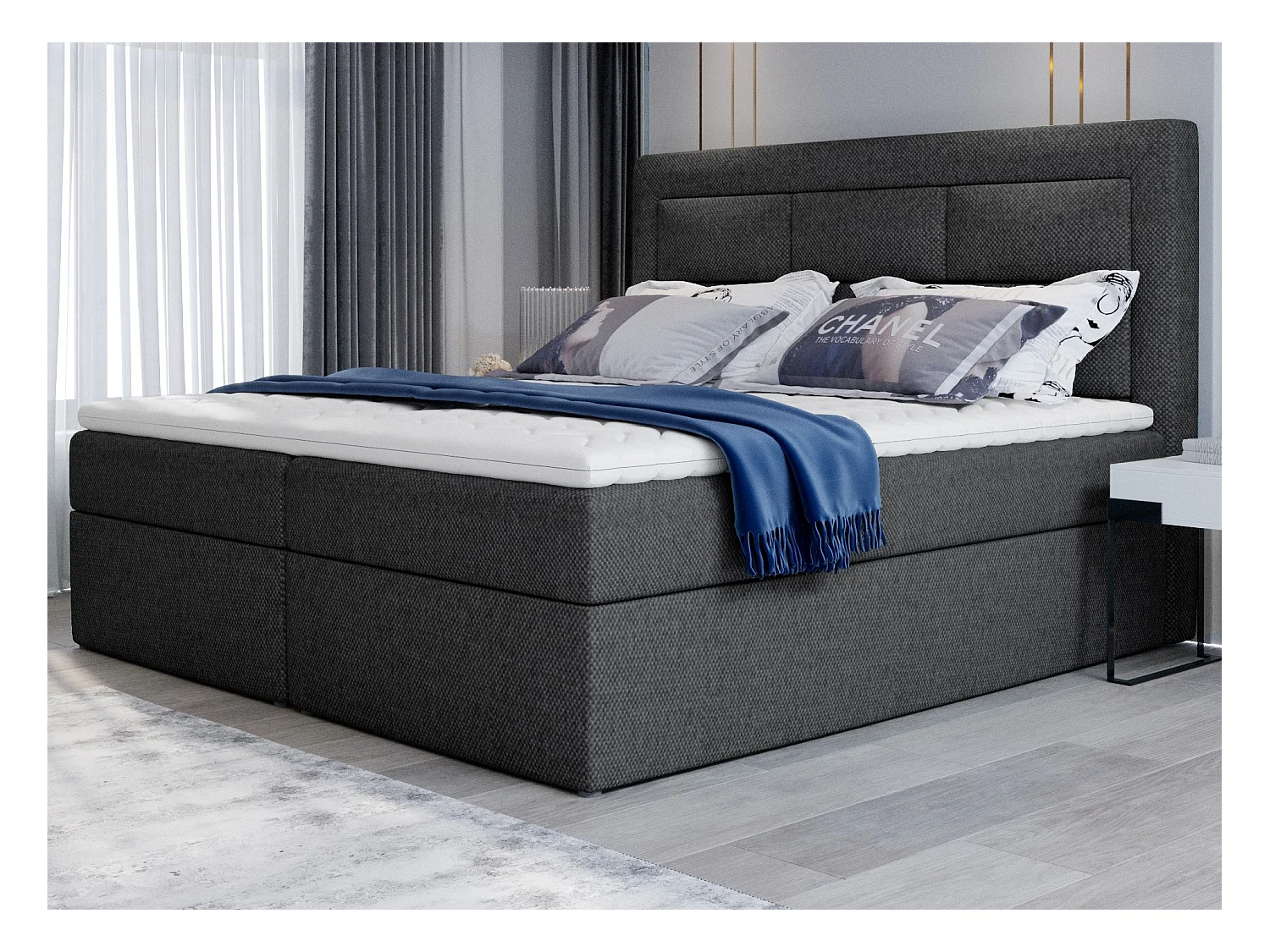Lit continental tissu gris foncé chiné Balore-Couchage 140x200 cm