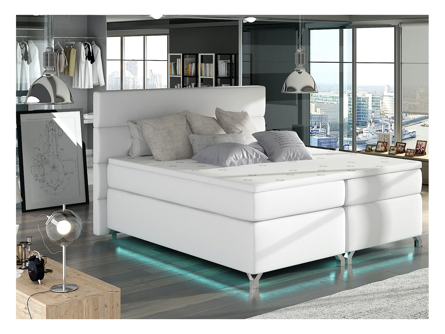 Lit boxspring 140x200 simili cuir blanc Mador