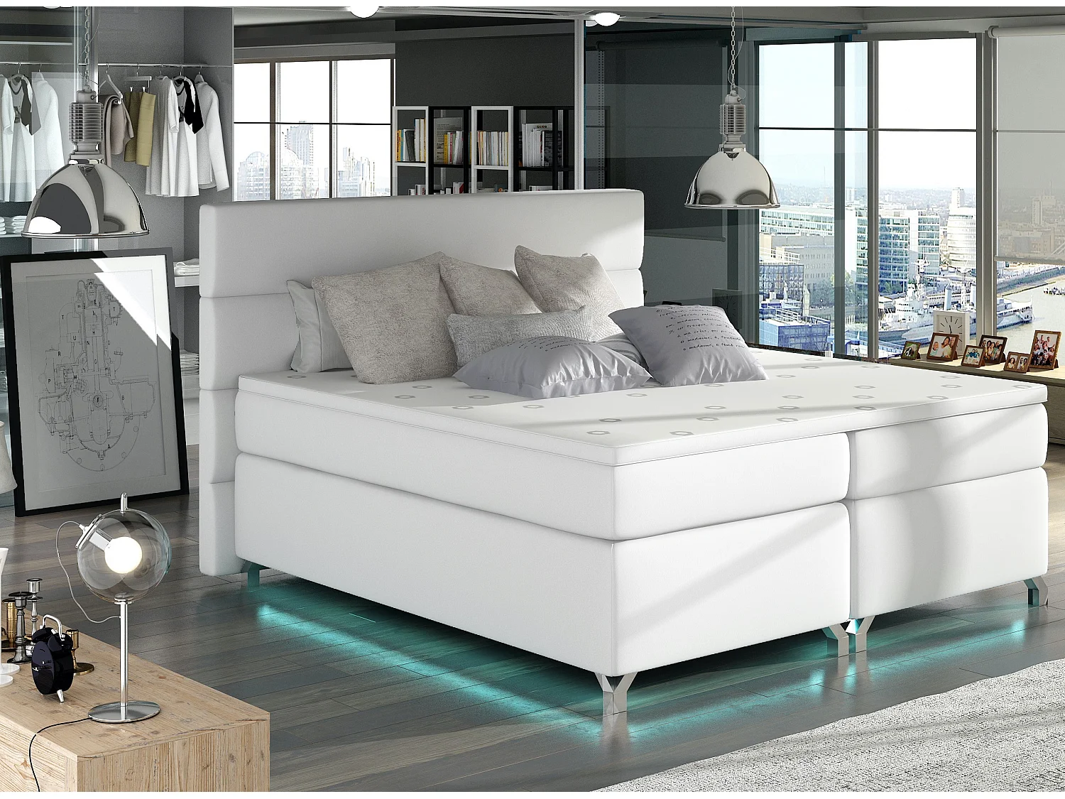 Lit boxspring 140x200 simili cuir blanc Mador