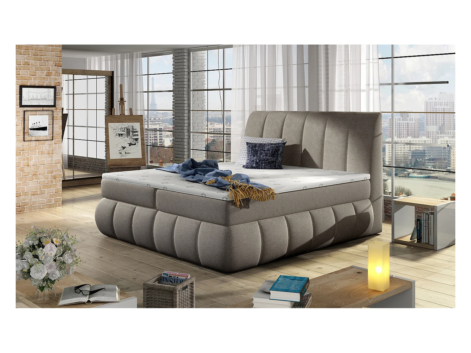 Florencia gewatteerd continentaal bed in beige stof-Slapen 140x200cm