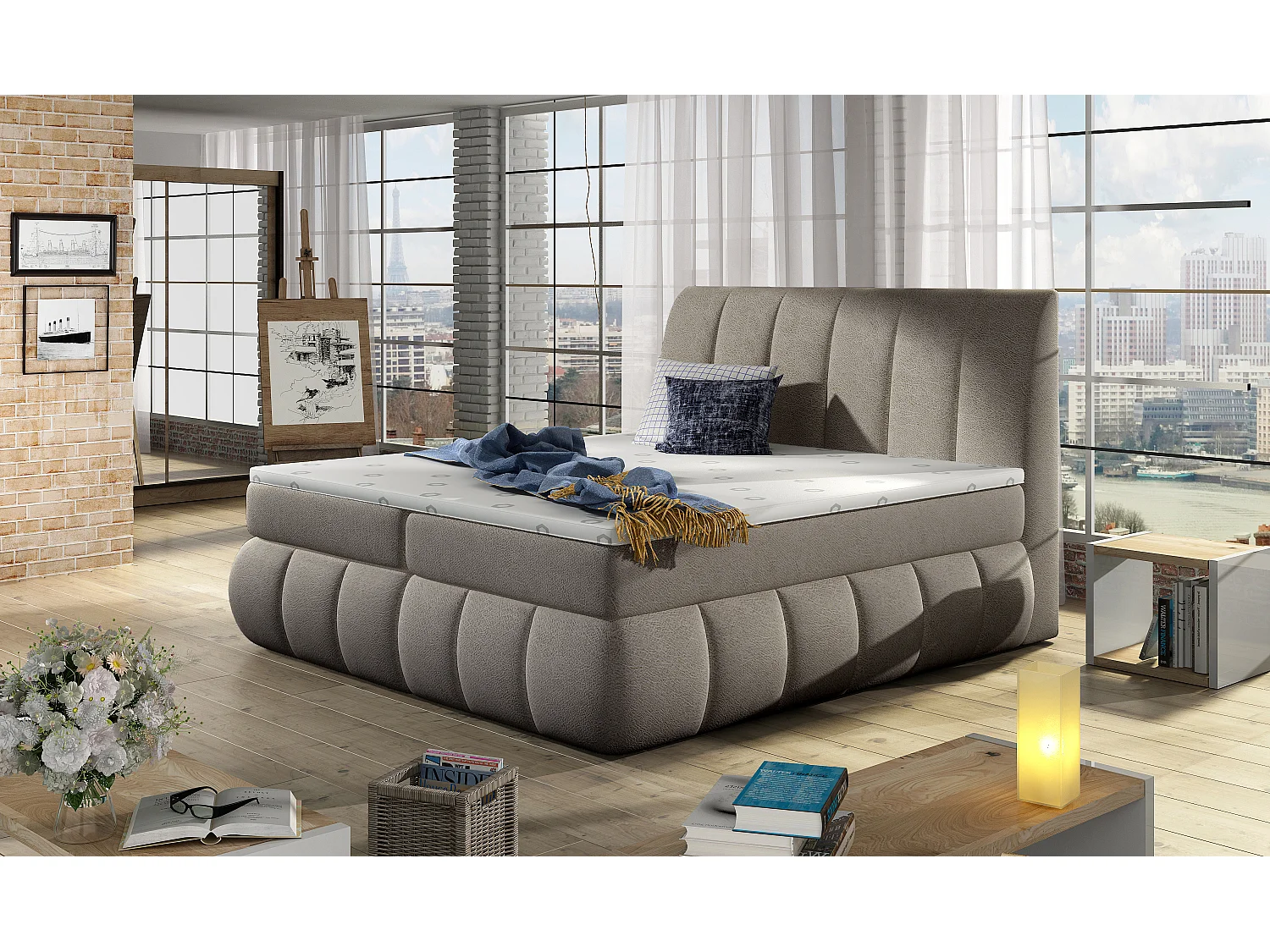 Florencia gewatteerd continentaal bed in beige stof-Slapen 140x200cm