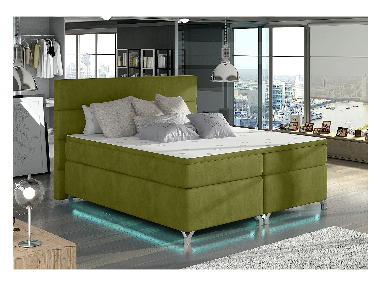 Lit boxspring 160x200 tissu doux vert anis Mador