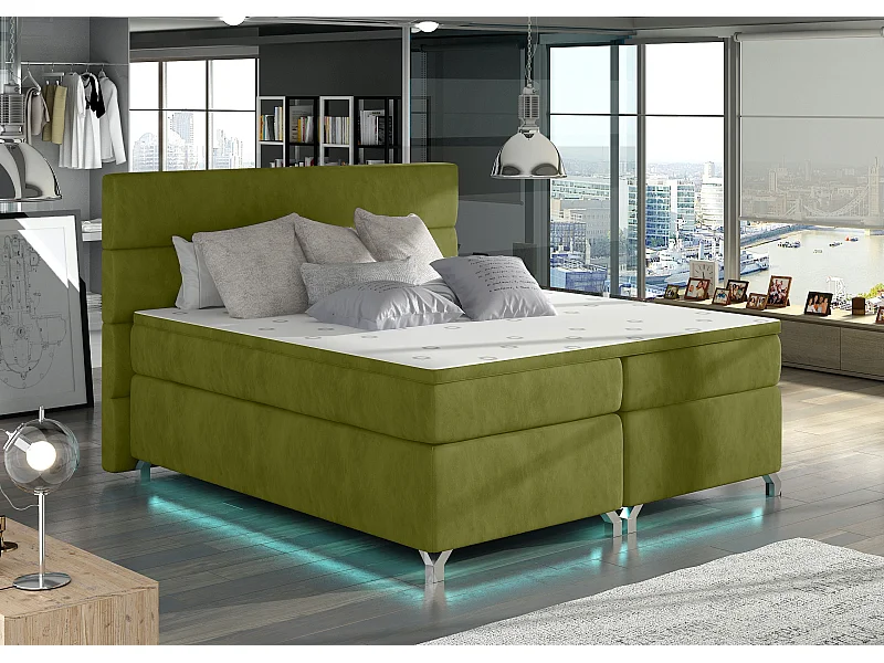 Lit boxspring 160x200 tissu doux vert anis Mador