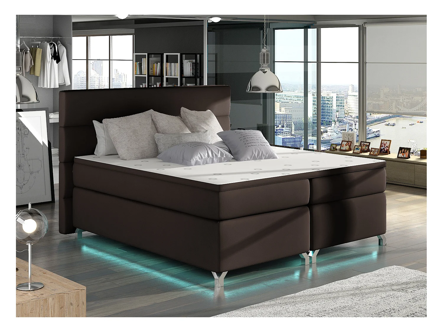 Lit boxspring 140x200 simili cuir marron Mador