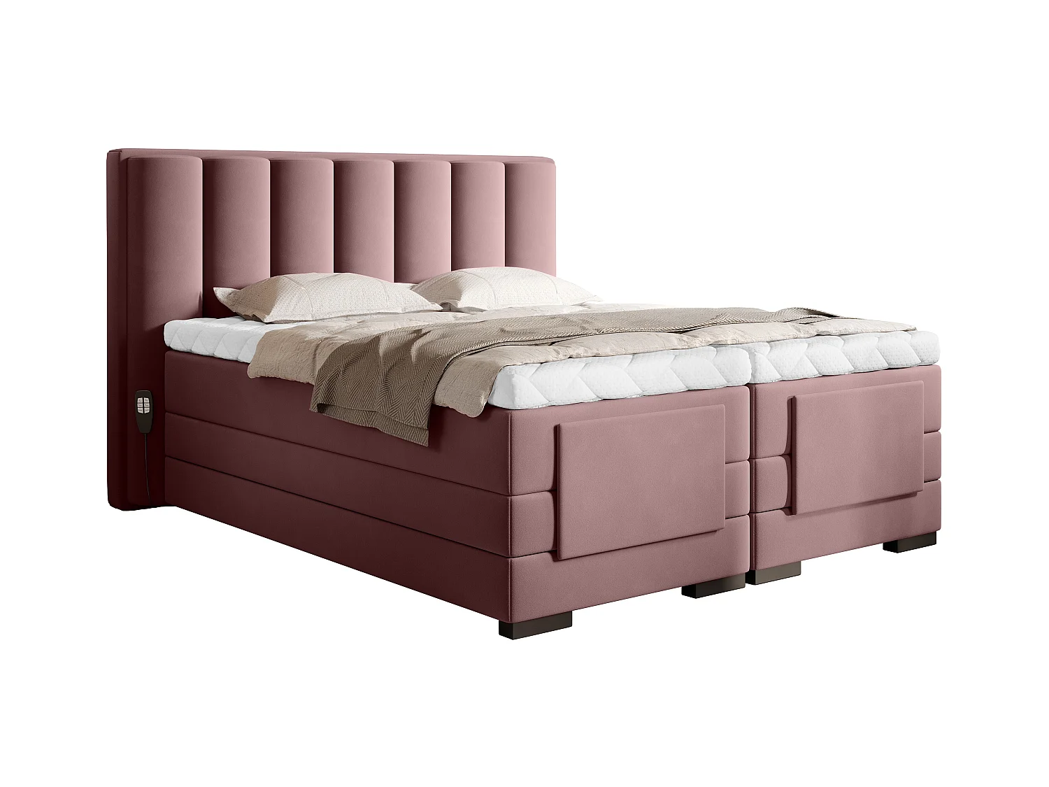 Lit boxspring électrique velours rose poudré avec matelas et surmatelas Arkos-140x200