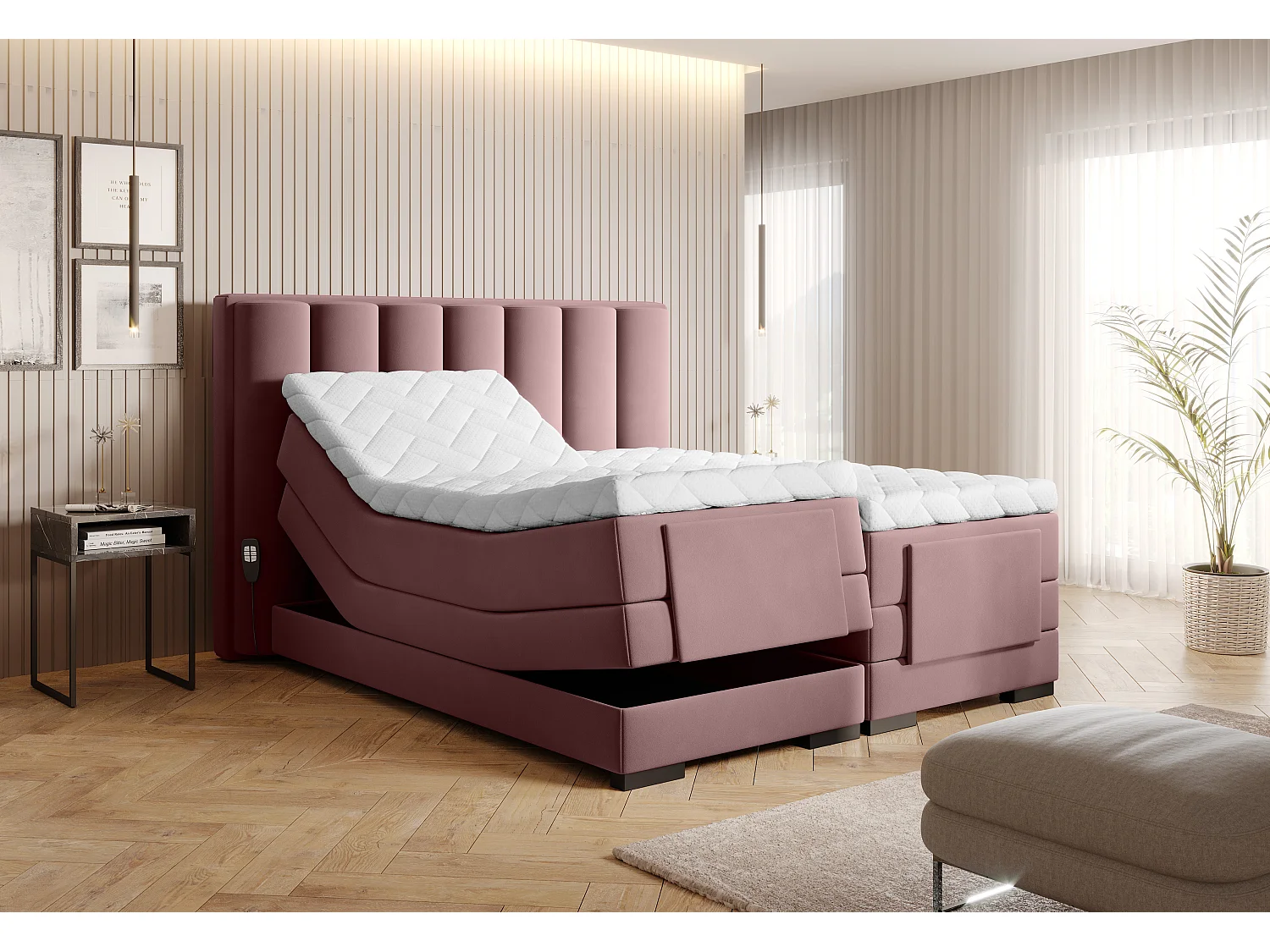 Lit boxspring électrique velours rose poudré avec matelas et surmatelas Arkos-140x200