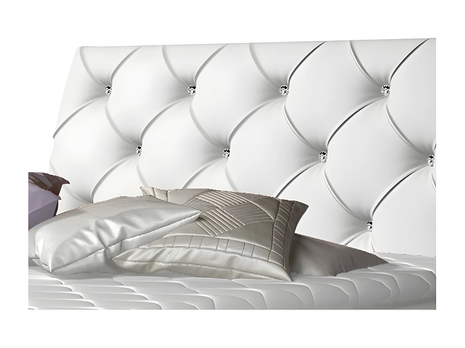 Lit design continental avec tête de lit capitonnée strass simili cuir blanc Banky-180x200