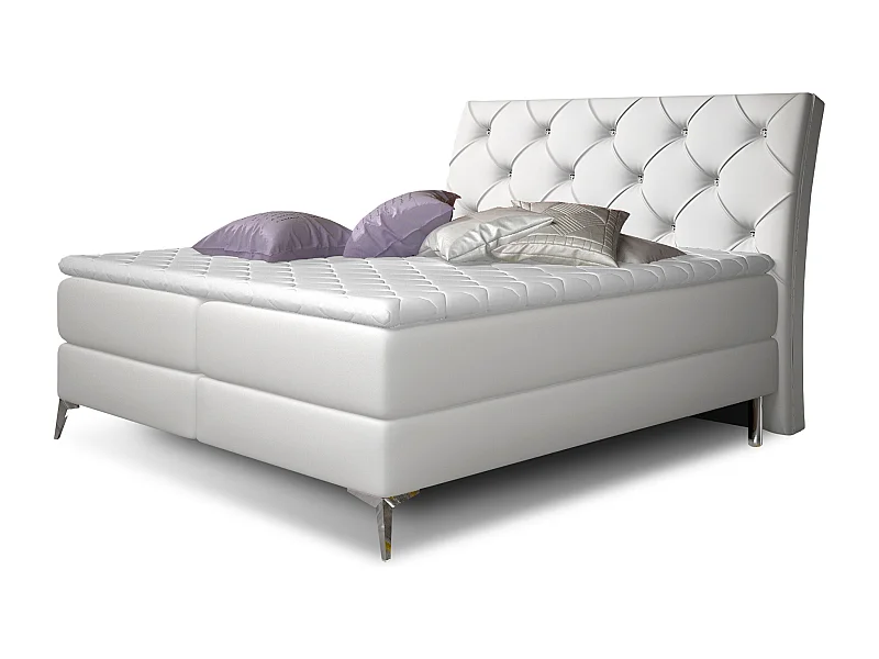 Lit design continental avec tête de lit capitonnée strass simili cuir blanc Banky-180x200