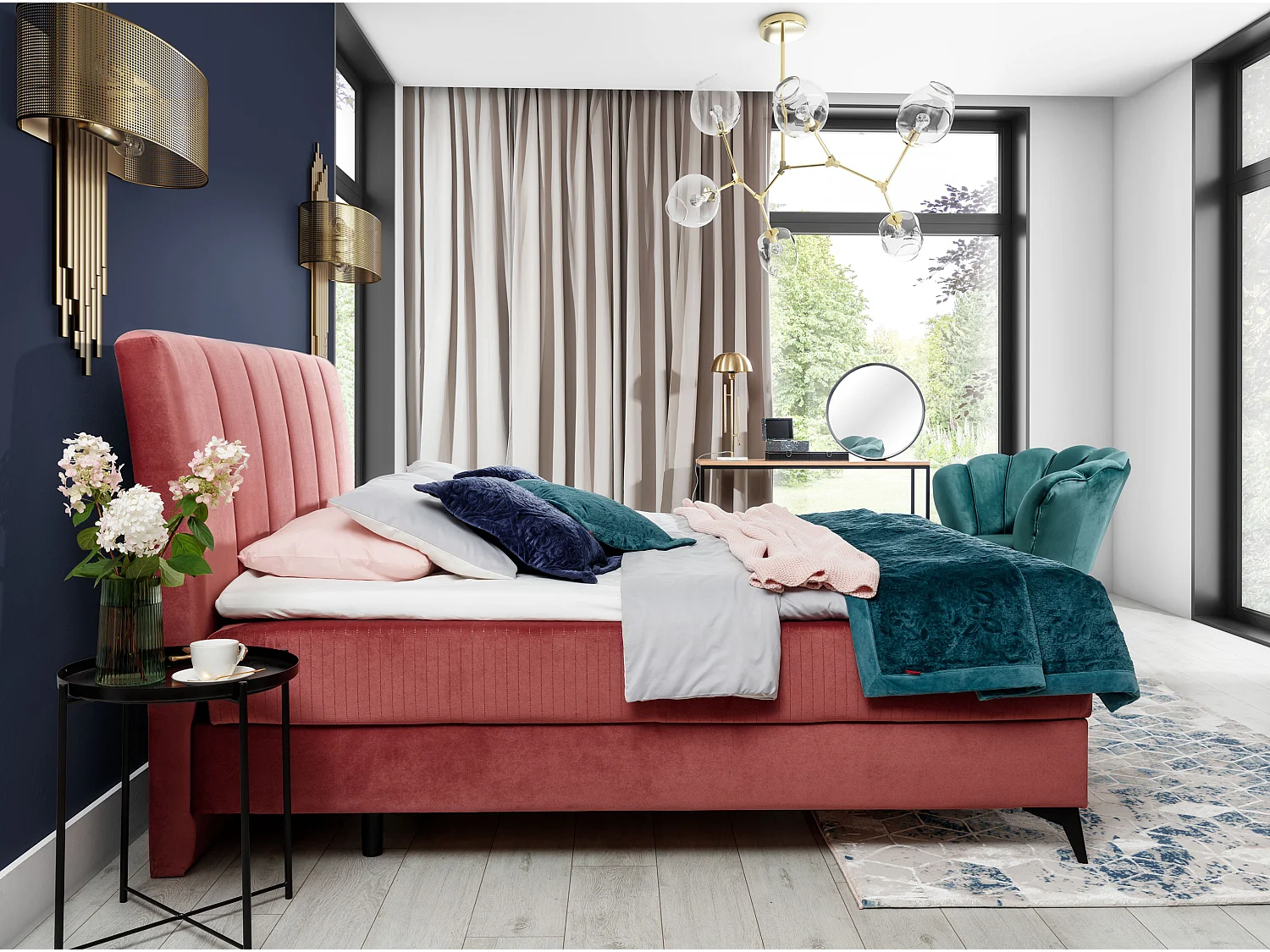 Lit continental moderne avec matelas velours bleu Brato-180x200