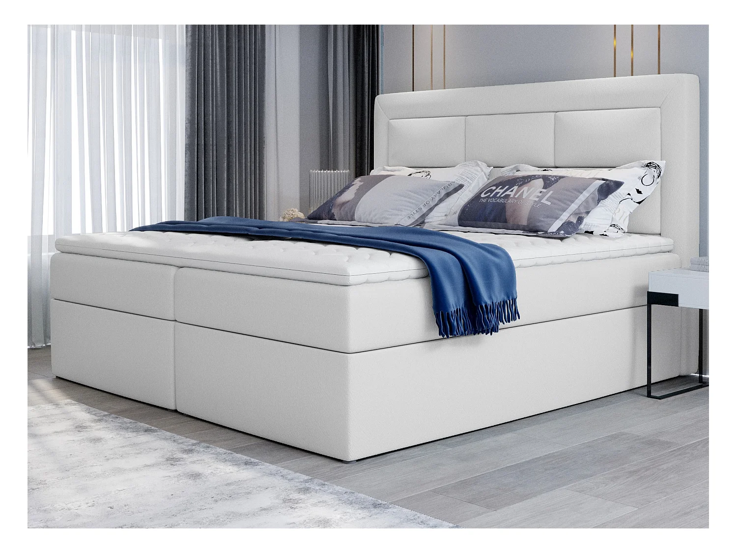 Lit continental simili cuir blanc Balore-Couchage 140x200 cm