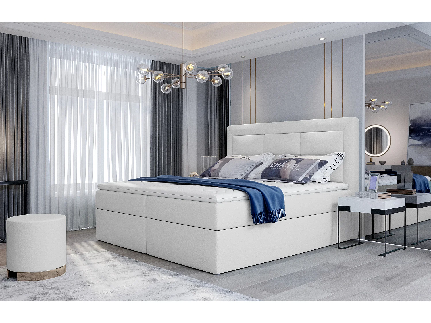 Lit continental simili cuir blanc Balore-Couchage 140x200 cm