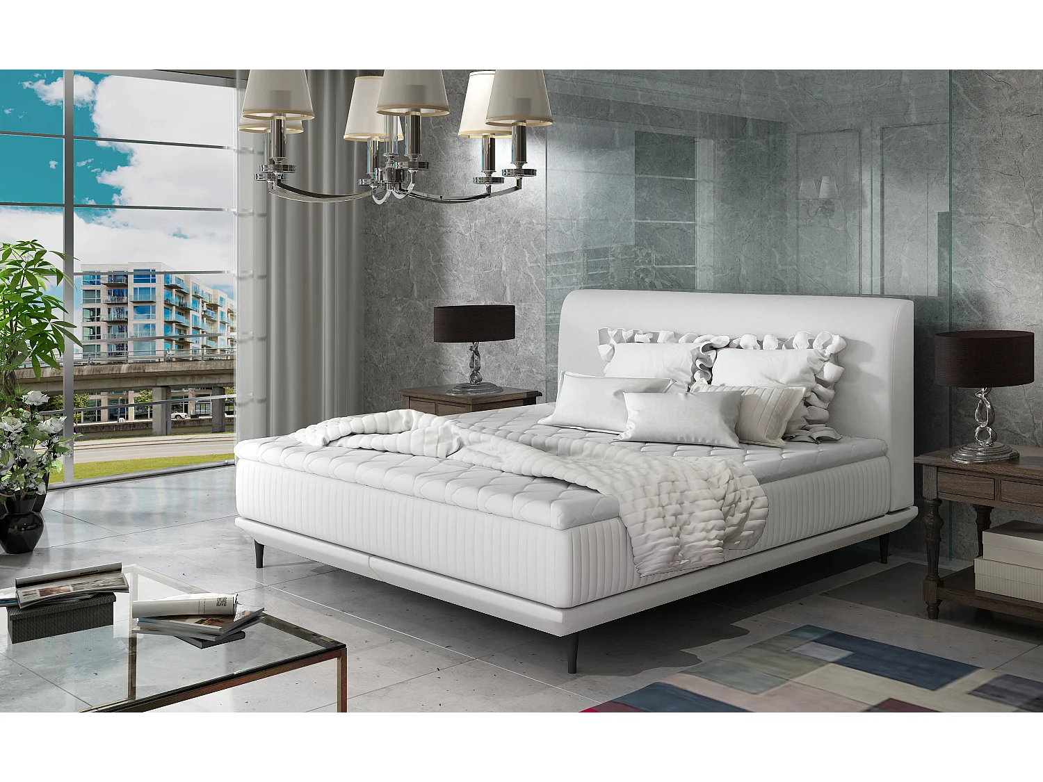 Lit boxspring 160x200 simili cuir blanc sommier et matelas inclus Mastera
