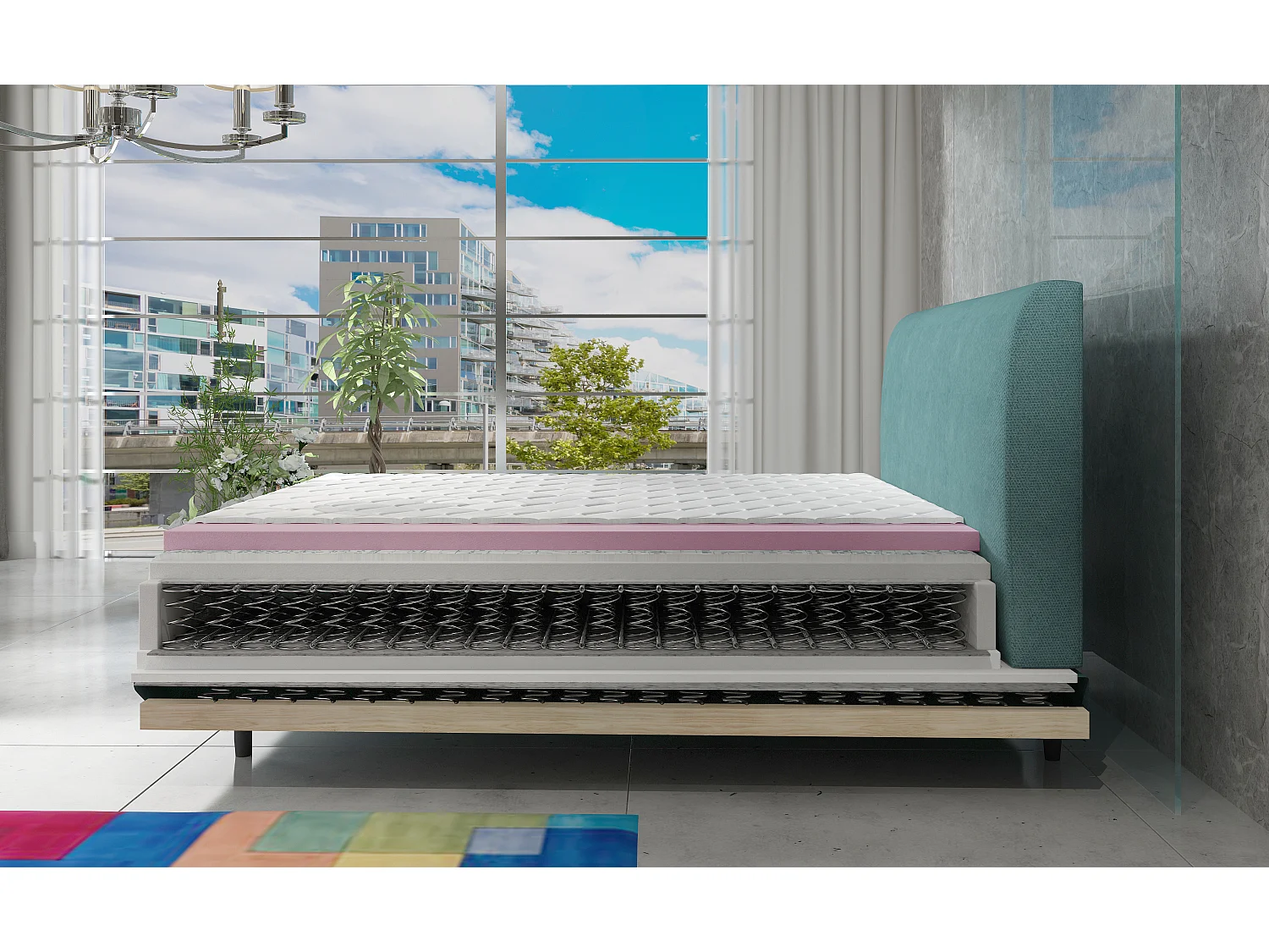 Modern continentaal bed met blauw fluwelen matras Brato-Slapen 160x200cm