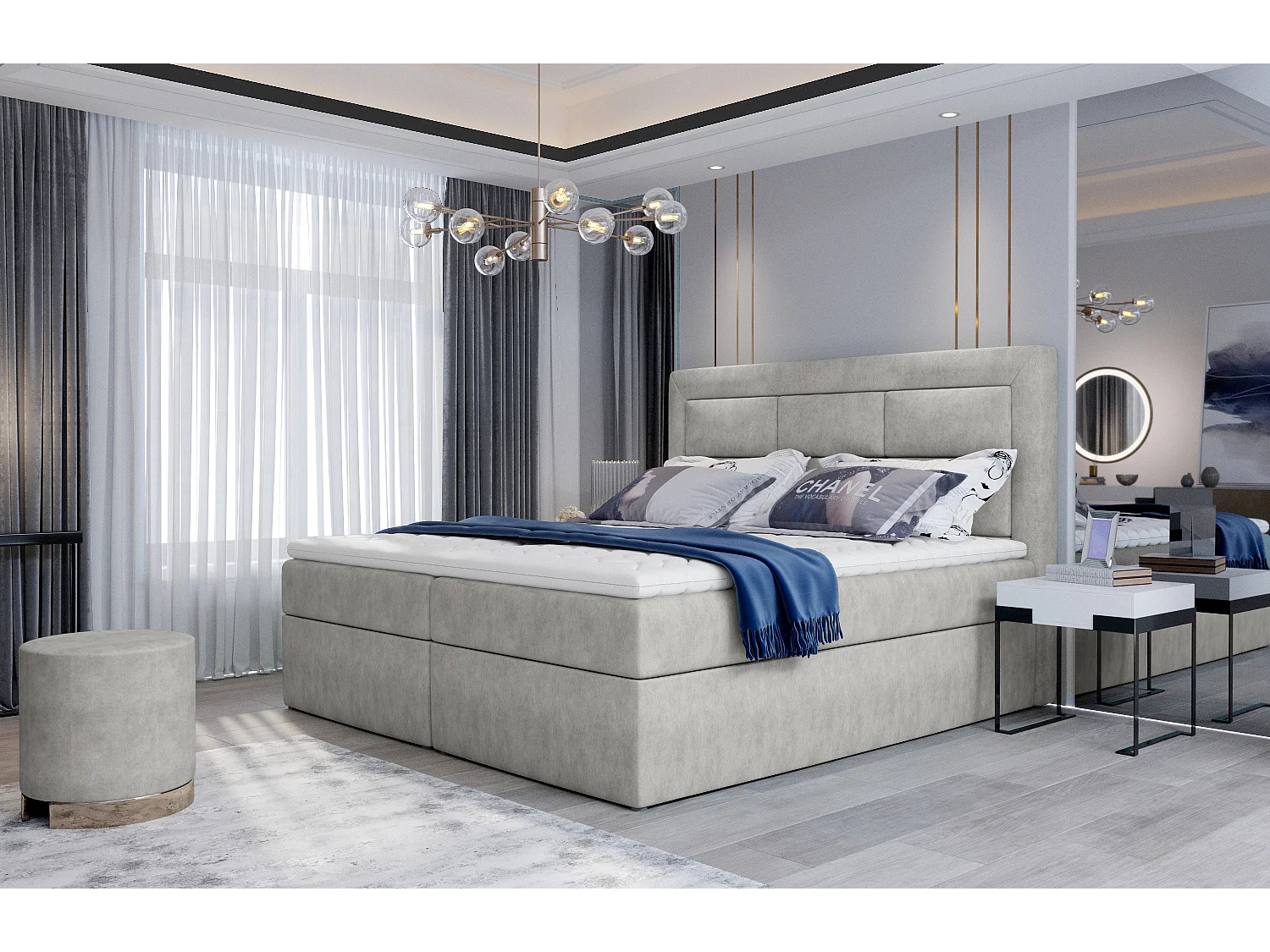 Lit continental tissu beige Balore-Couchage 180x200 cm