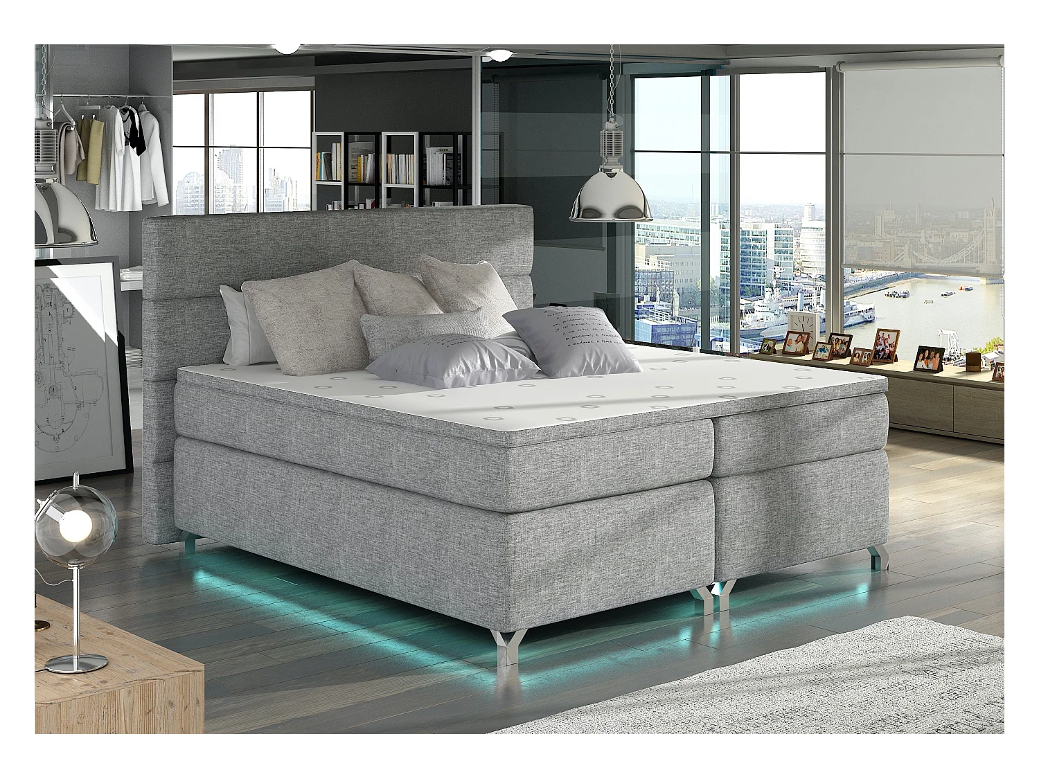 Lit boxspring 160x200 tissu gris clair Mador