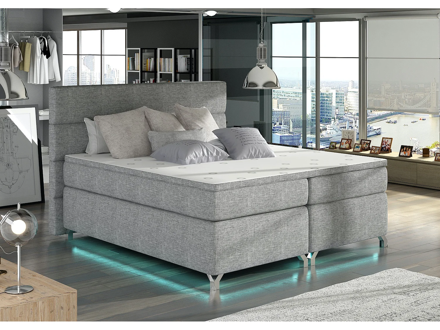 Lit boxspring 160x200 tissu gris clair Mador