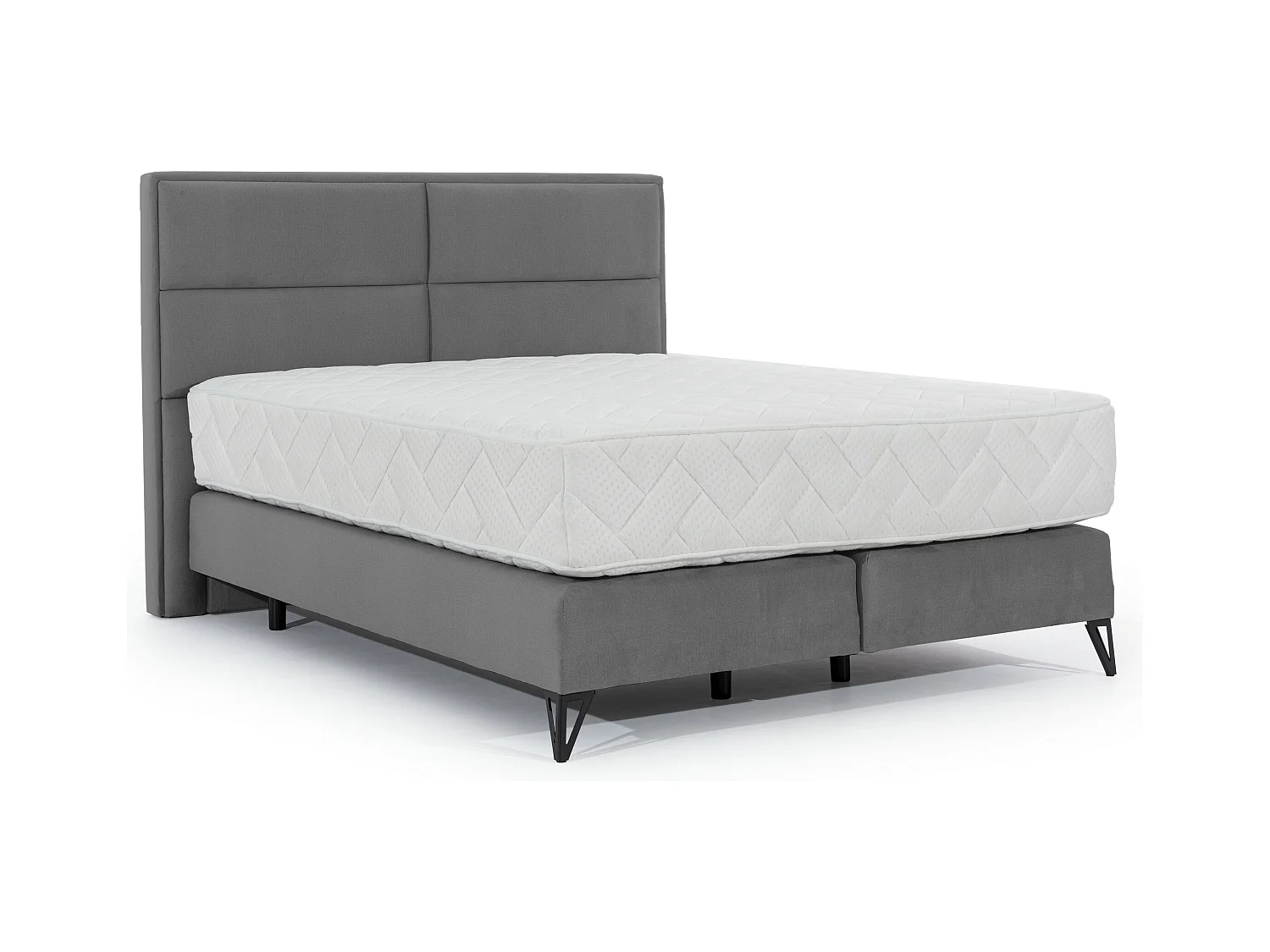 Lit continental tissu gris Tiempo avec matelas 30cm en latex et pied métal noir-160x200