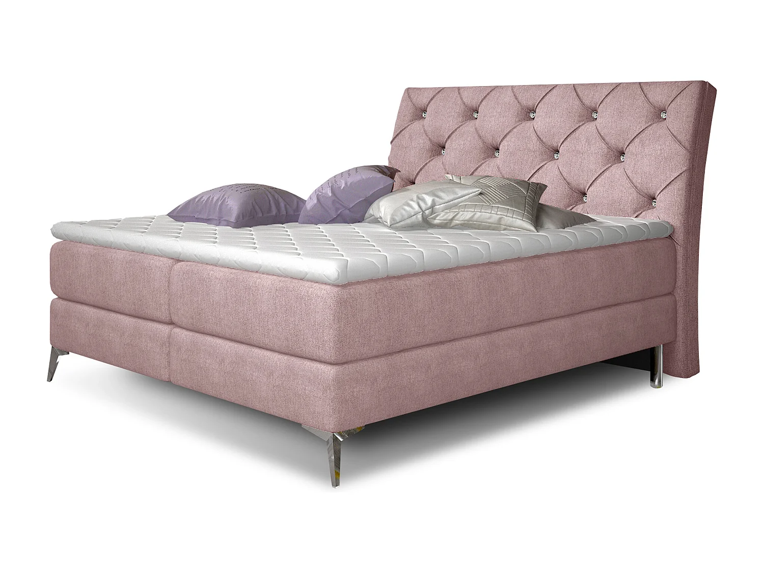 Lit design continental avec tête de lit capitonnée strass tissu rose Banky-180x200