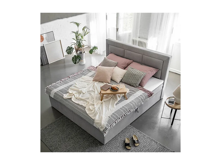 Lit continental velours gris clair Balore-Couchage 180x200 cm