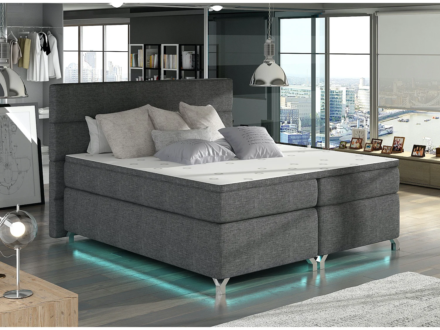 Lit boxspring 180x200 tissu anthracite Mador