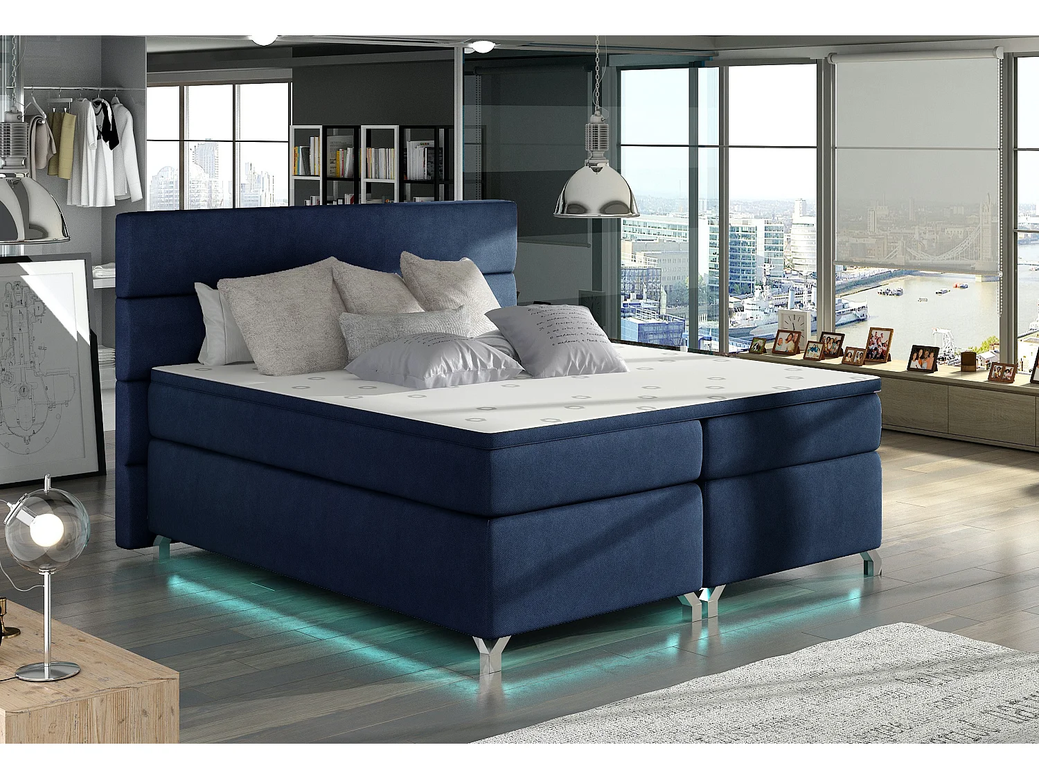 Lit boxspring 180x200 tissu bleu foncé Mador