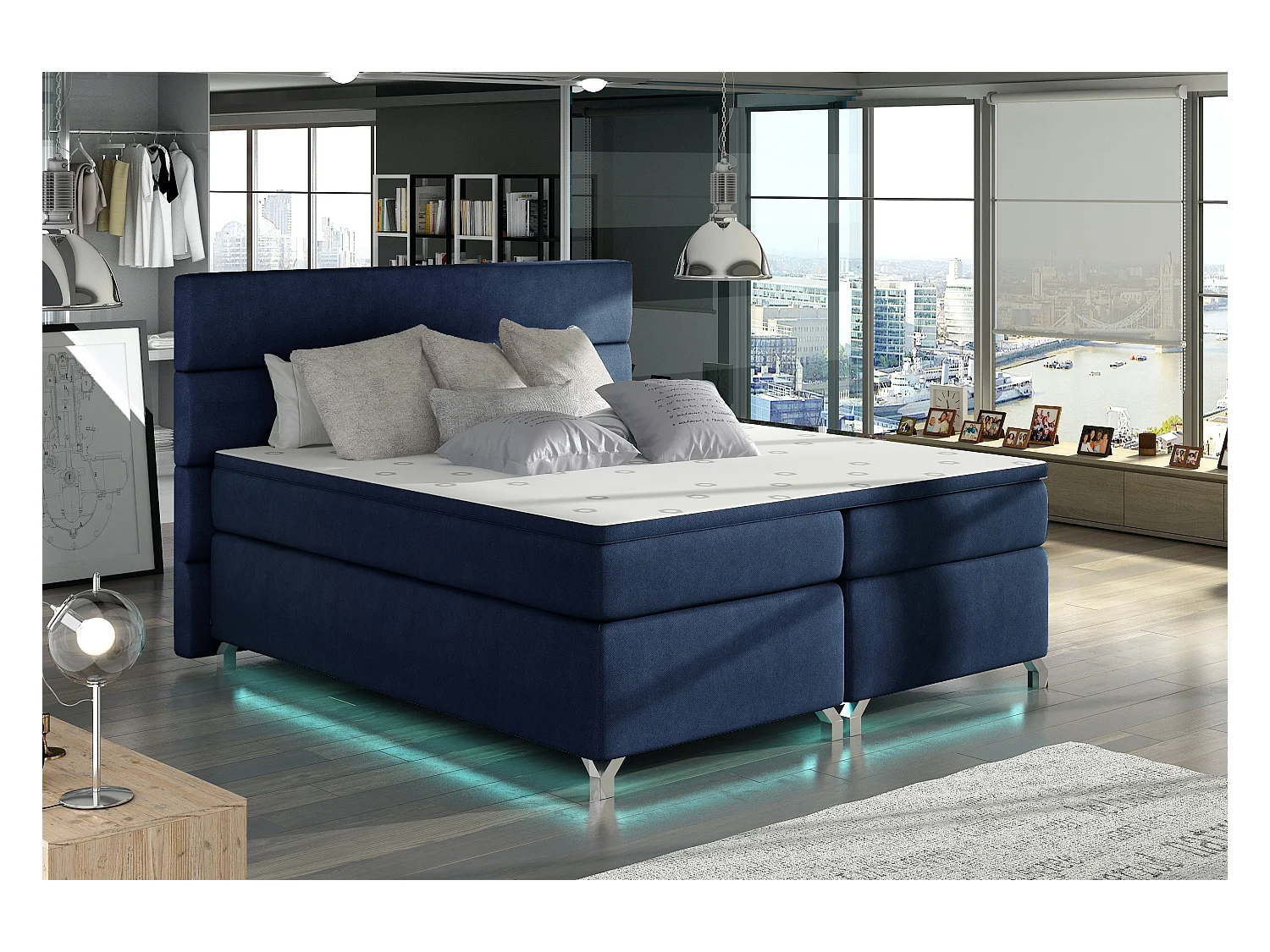 Lit boxspring 180x200 tissu bleu foncé Mador
