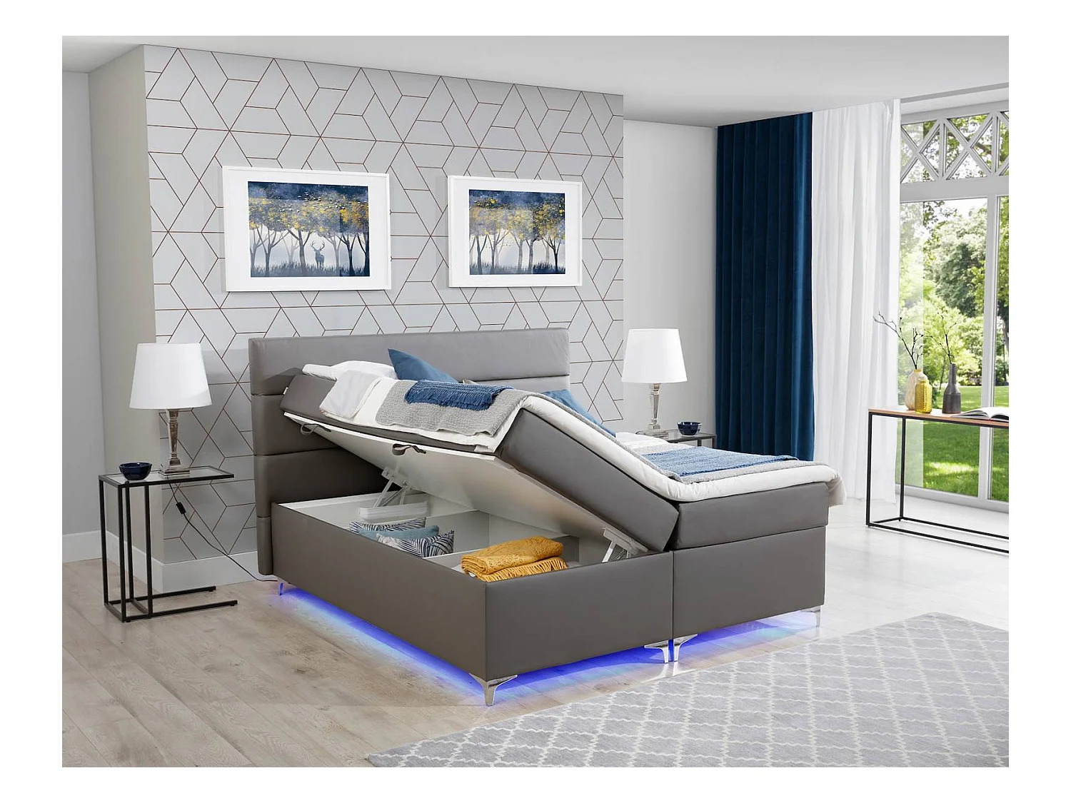 Lit boxspring 180x200 tissu bleu foncé Mador