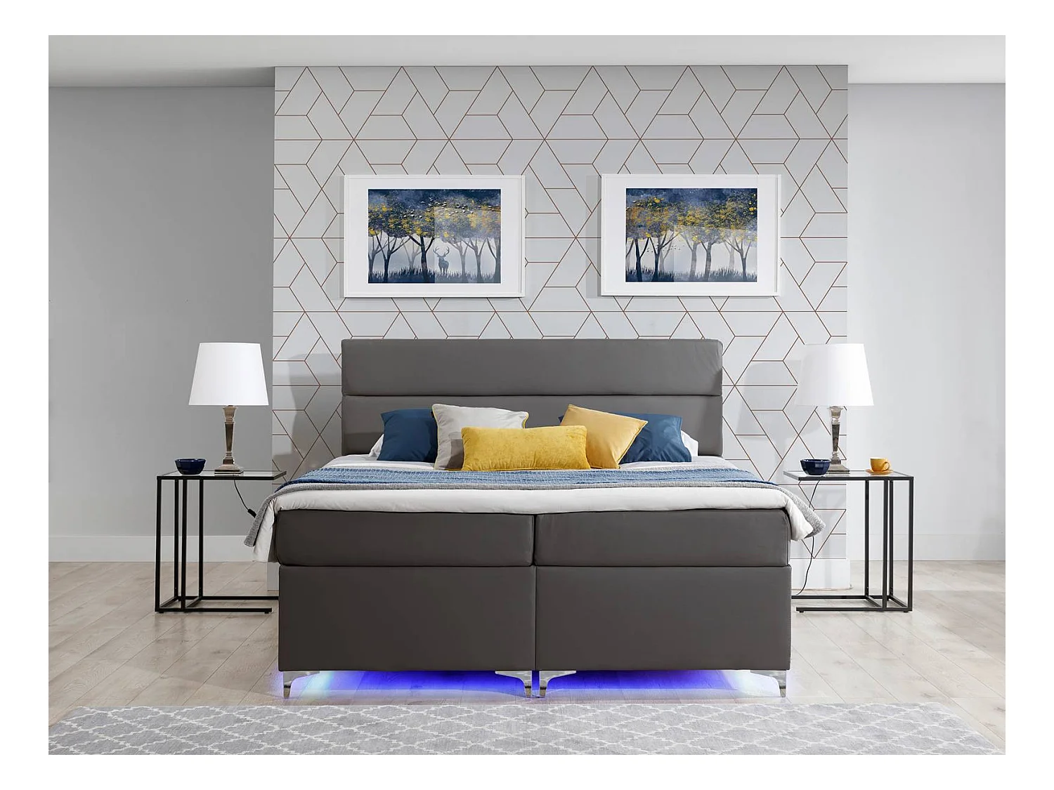 Lit boxspring 180x200 tissu bleu foncé Mador