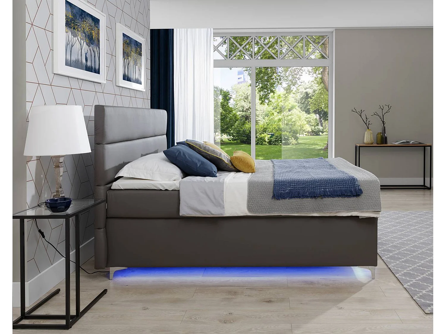 Lit boxspring 180x200 tissu bleu foncé Mador