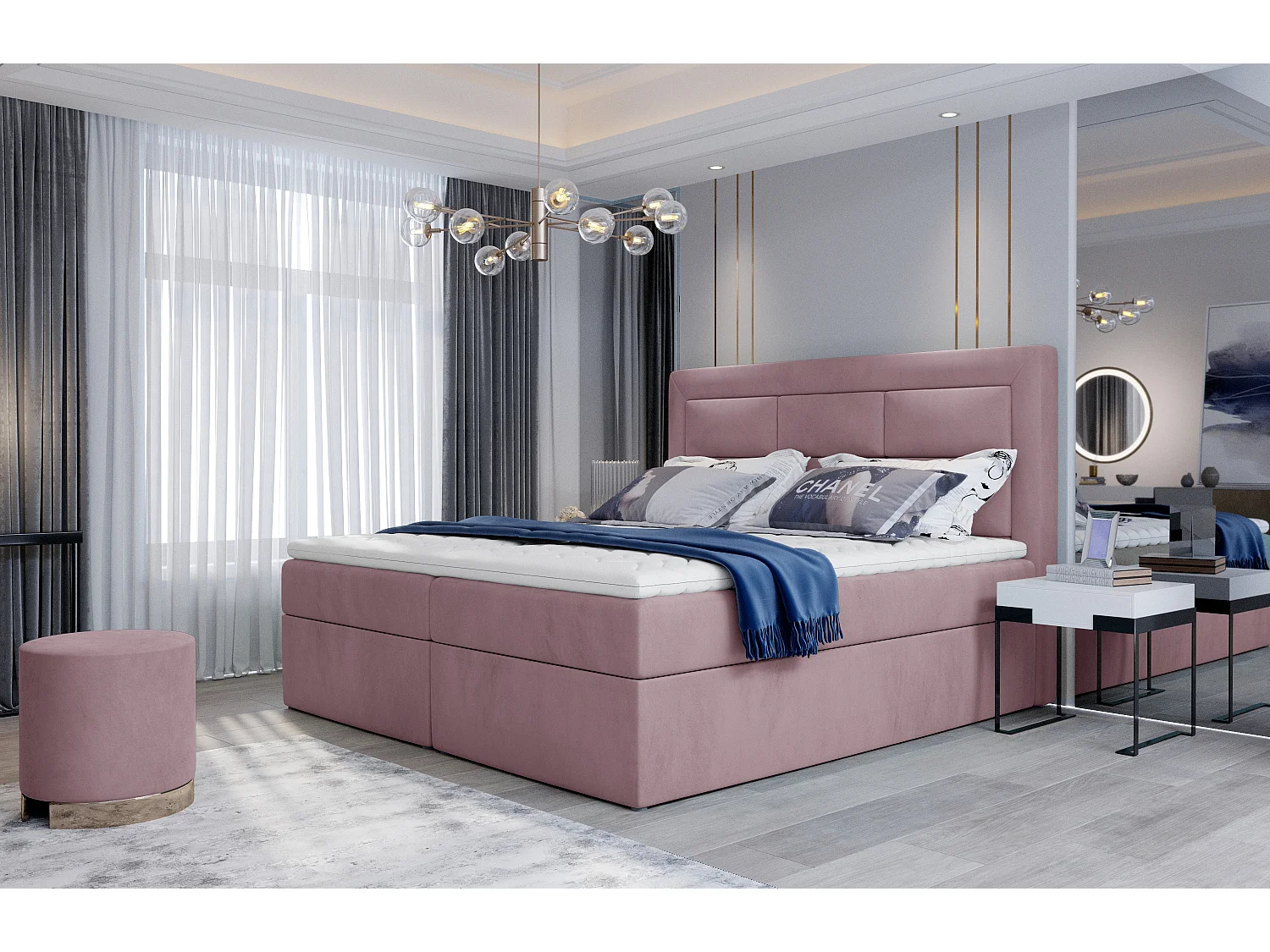 Lit continental velours rose Balore-Couchage 140x200 cm