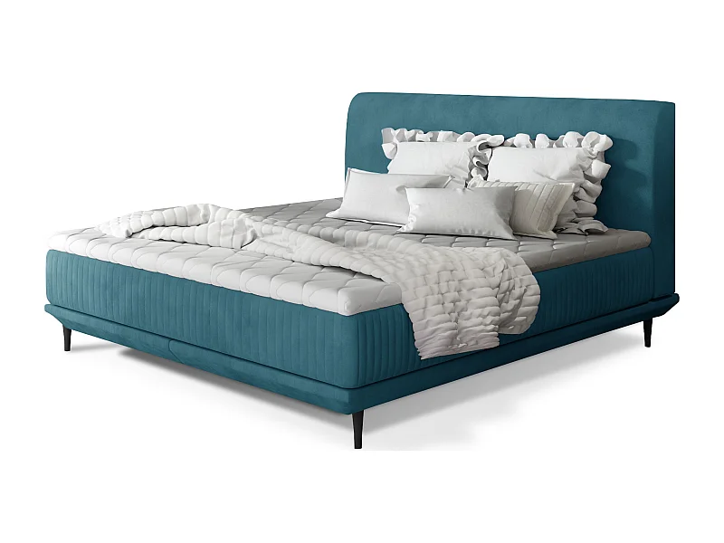Lit boxspring 140x200 velours bleu canard sommier et matelas inclus Mastera