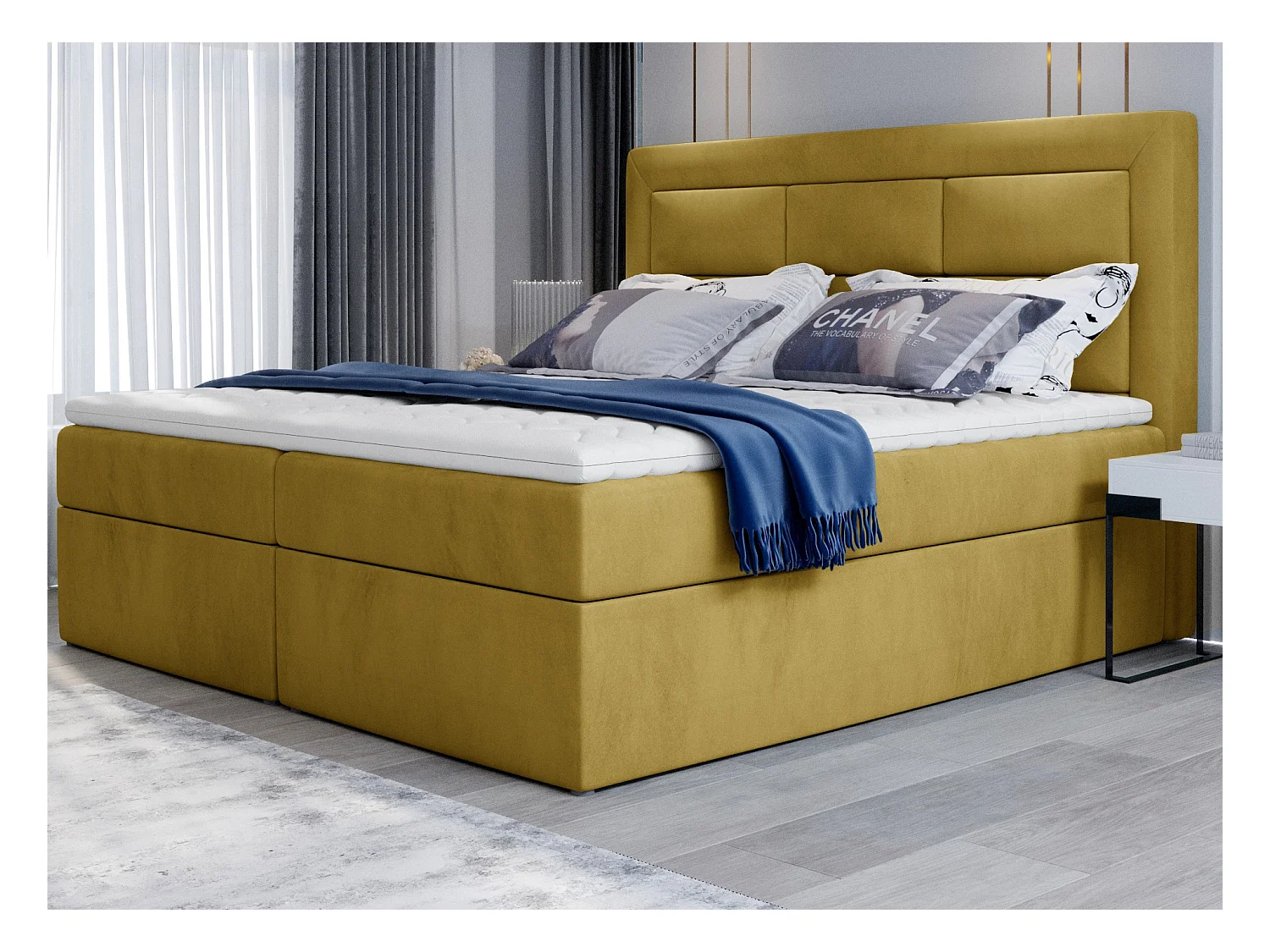 Lit continental velours jaune Balore-Couchage 140x200 cm