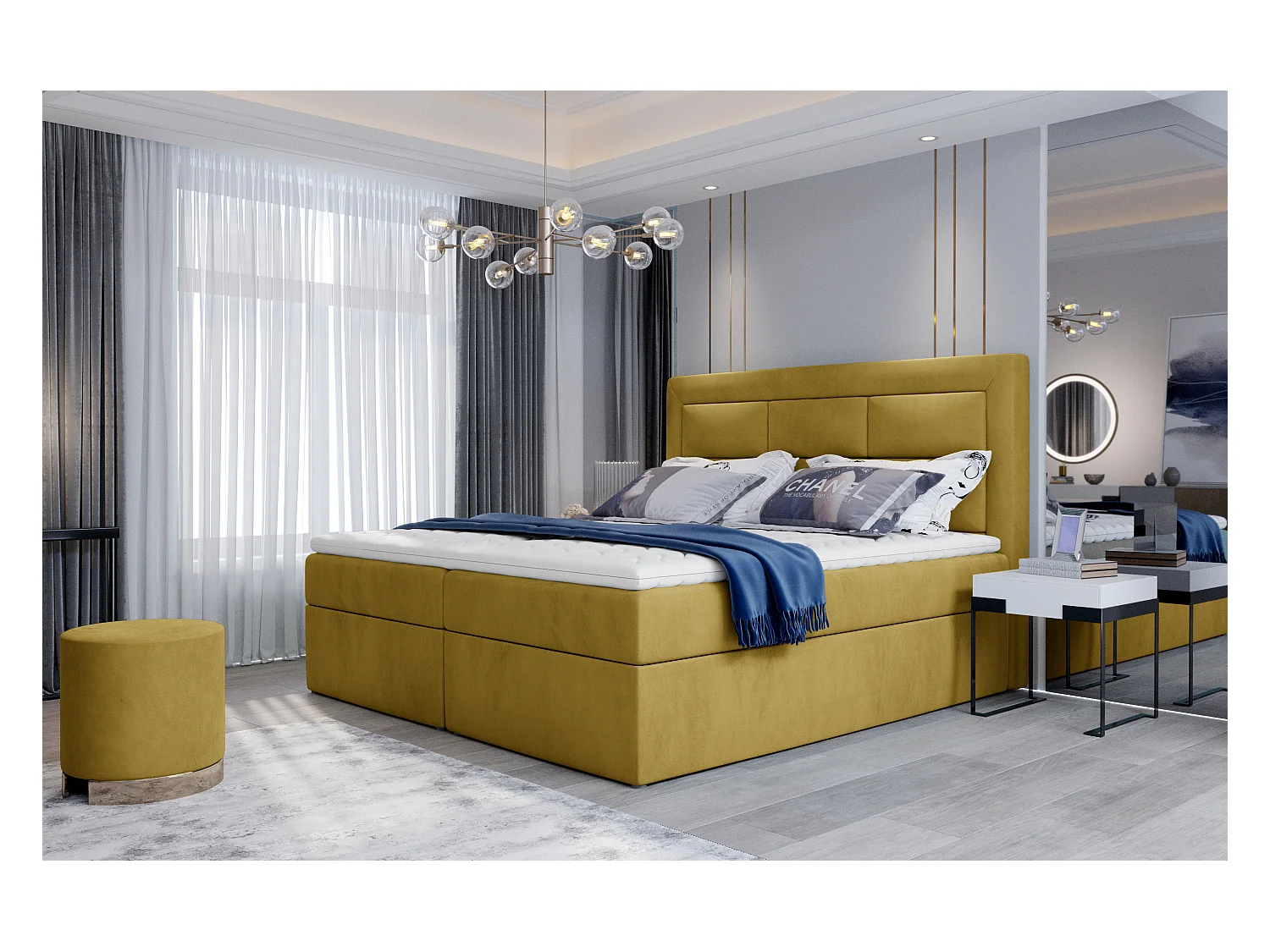 Lit continental velours jaune Balore-Couchage 140x200 cm