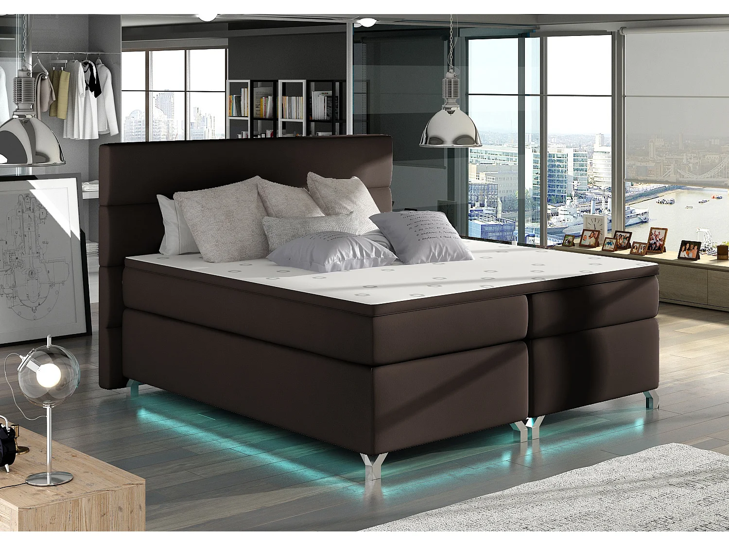 Lit boxspring 160x200 simili cuir marron Mador