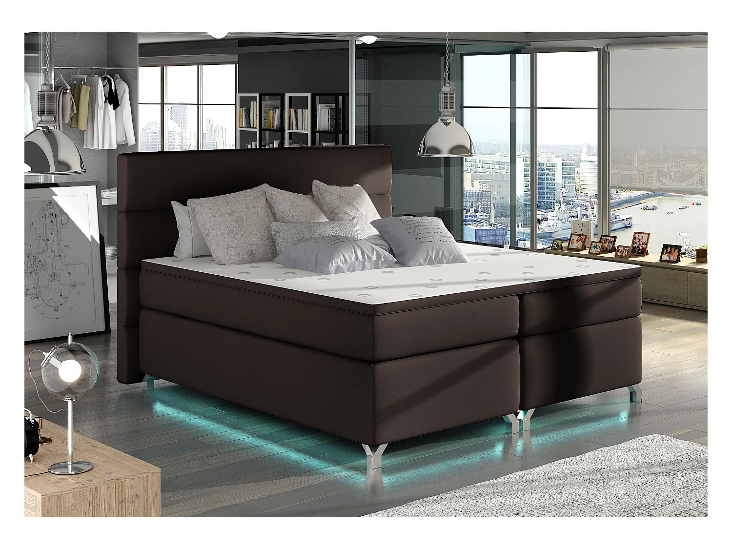 Lit boxspring 160x200 simili cuir marron Mador