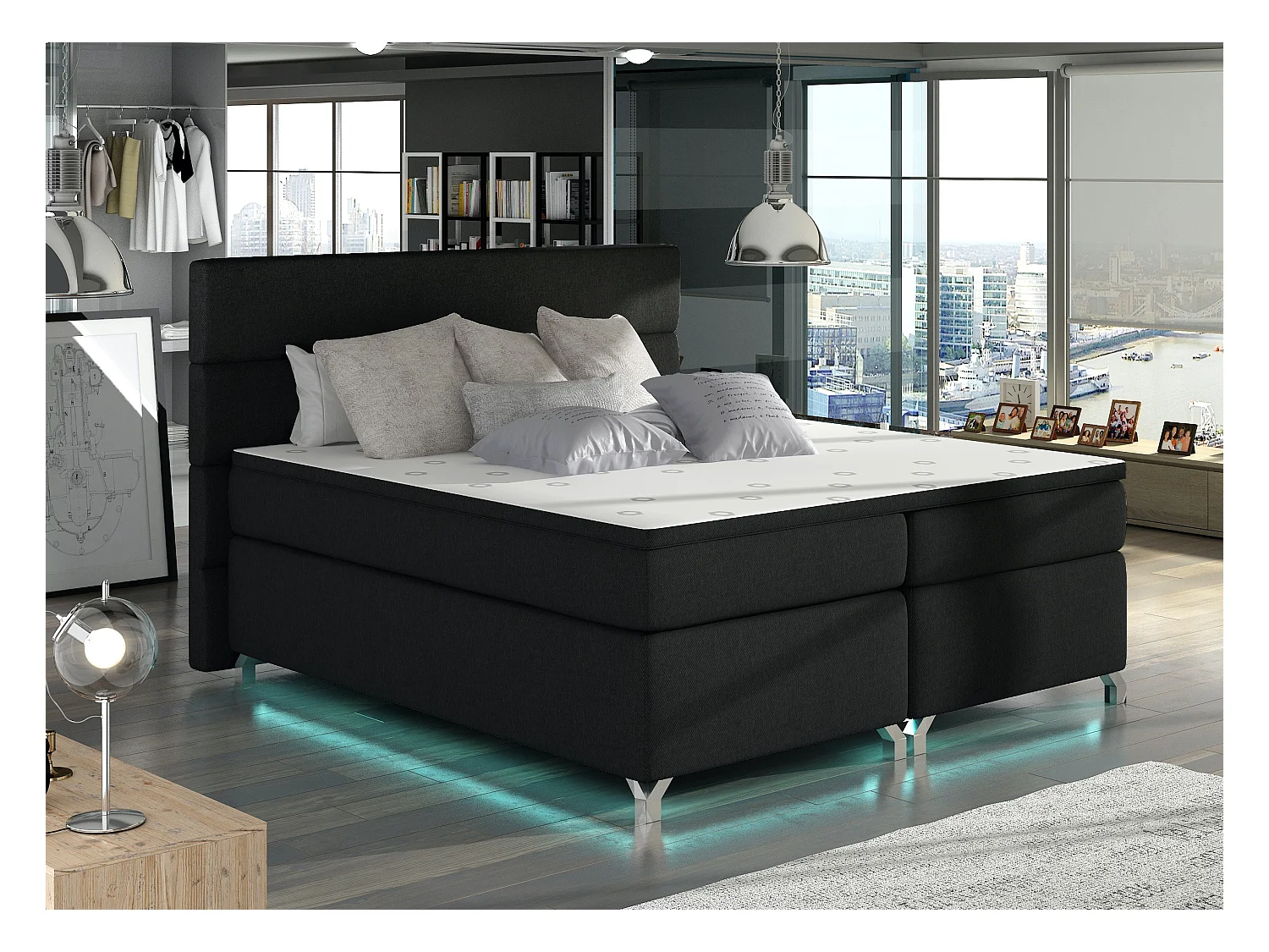 Lit boxspring 160x200 tissu noir Mador
