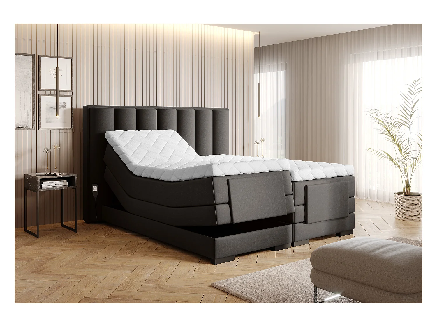 Lit boxspring électrique tissu marron avec matelas et surmatelas Arkos-140x200