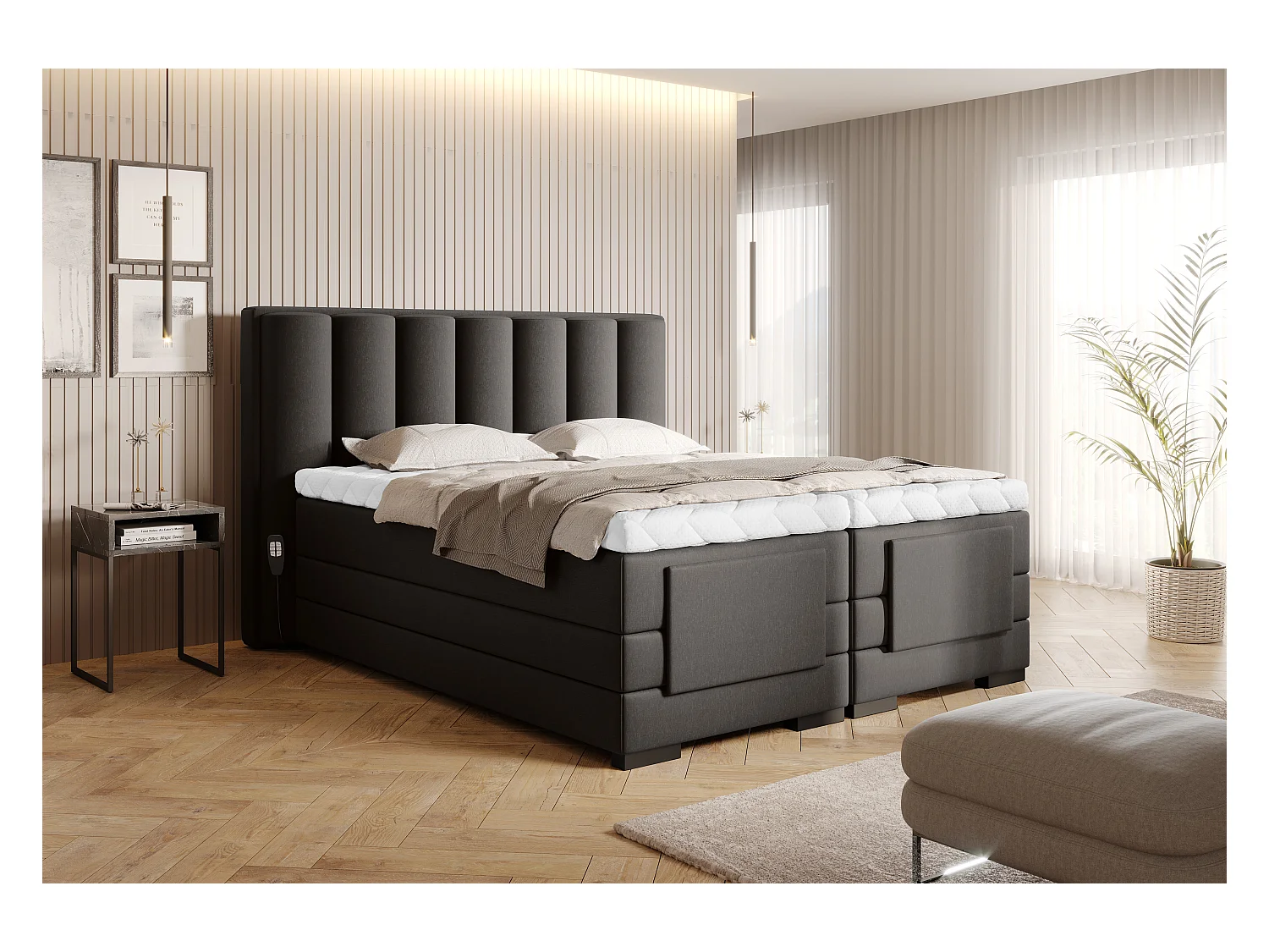 Lit boxspring électrique tissu marron avec matelas et surmatelas Arkos-140x200