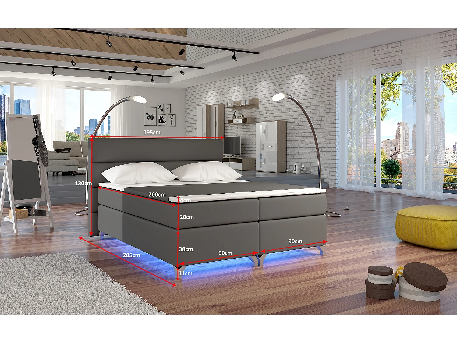 Lit boxspring 180x200 simili cuir marron Mador