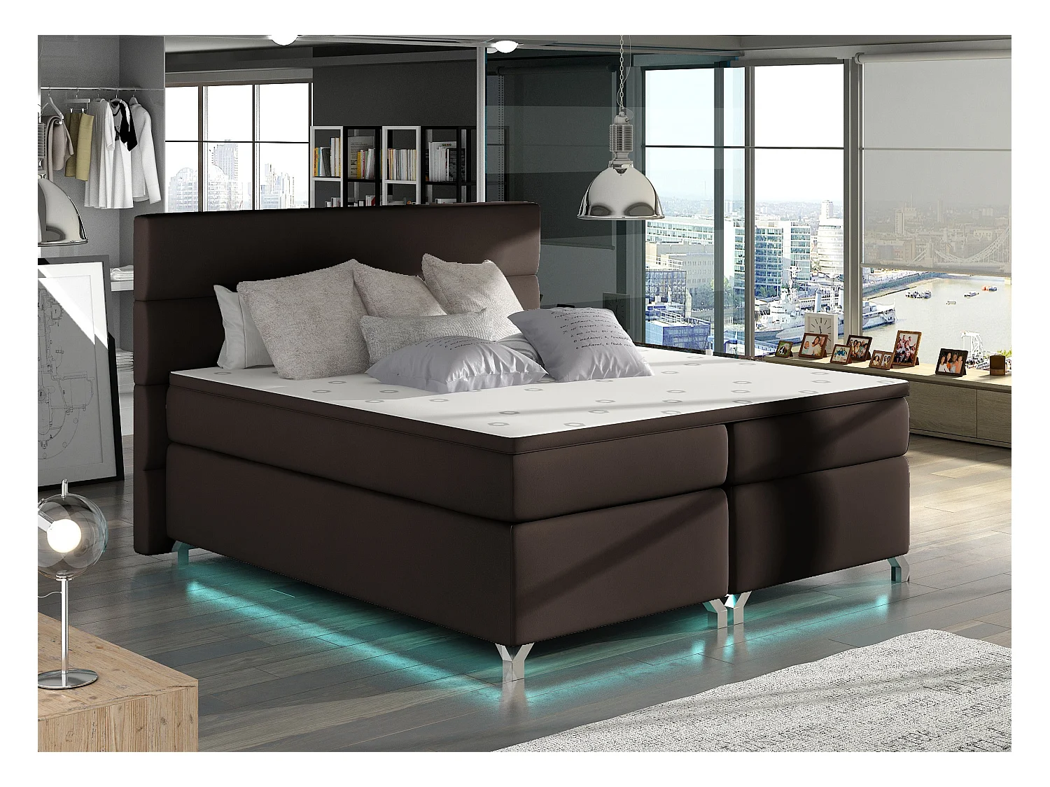 Lit boxspring 180x200 simili cuir marron Mador