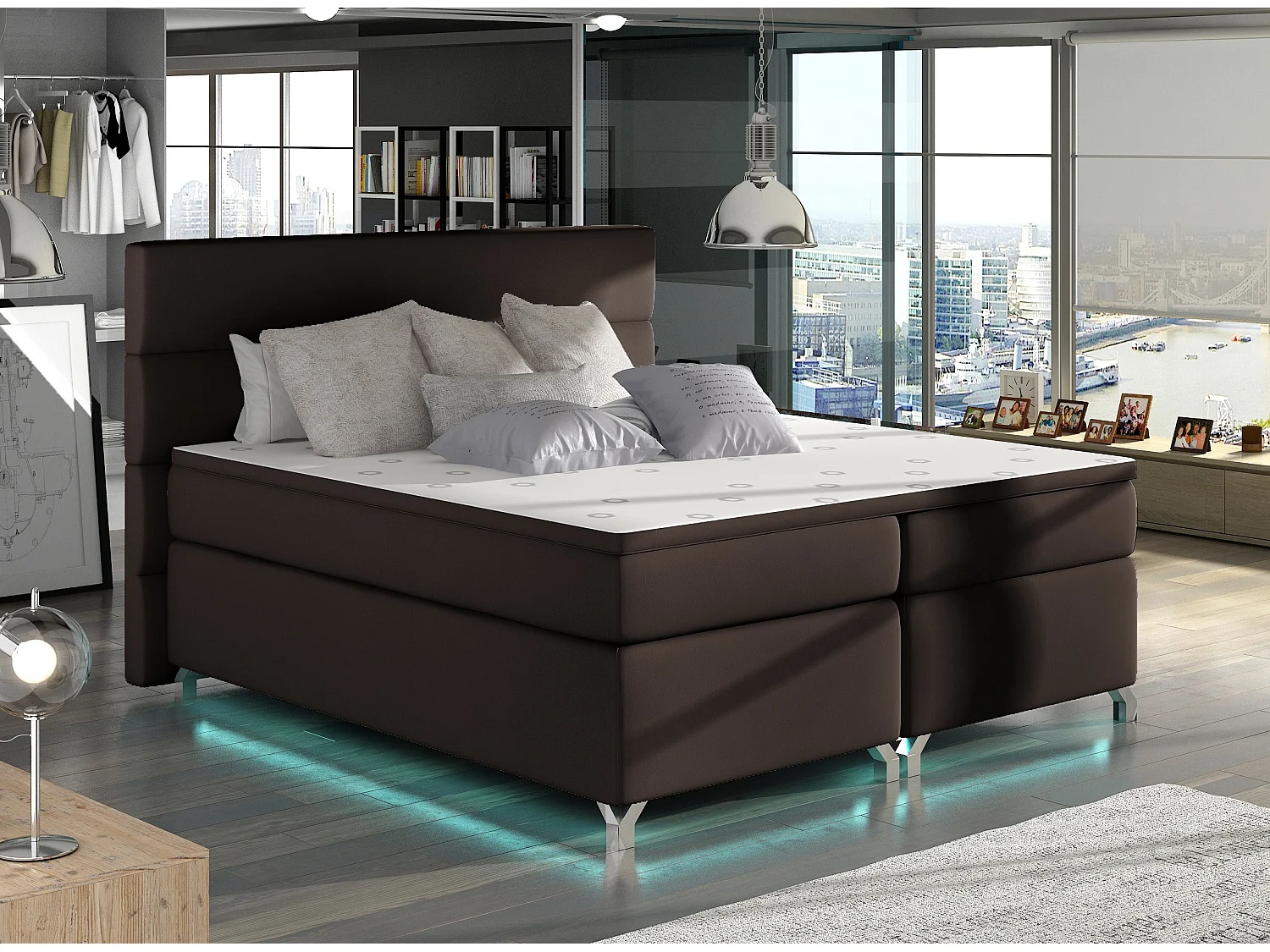 Lit boxspring 180x200 simili cuir marron Mador