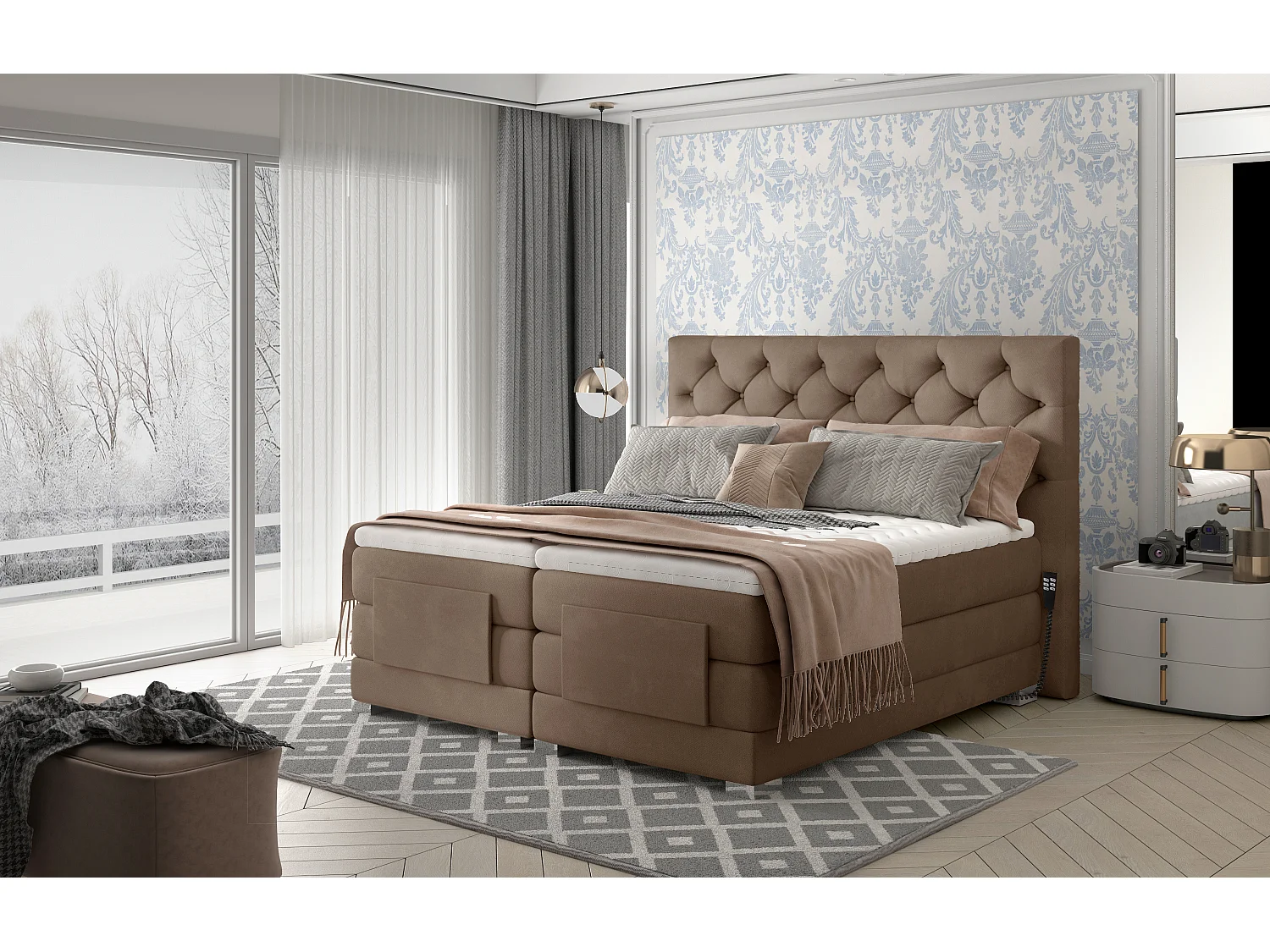 Lit continental électrique velours marron clair avec matelas et surmatelas Karmen-160x200