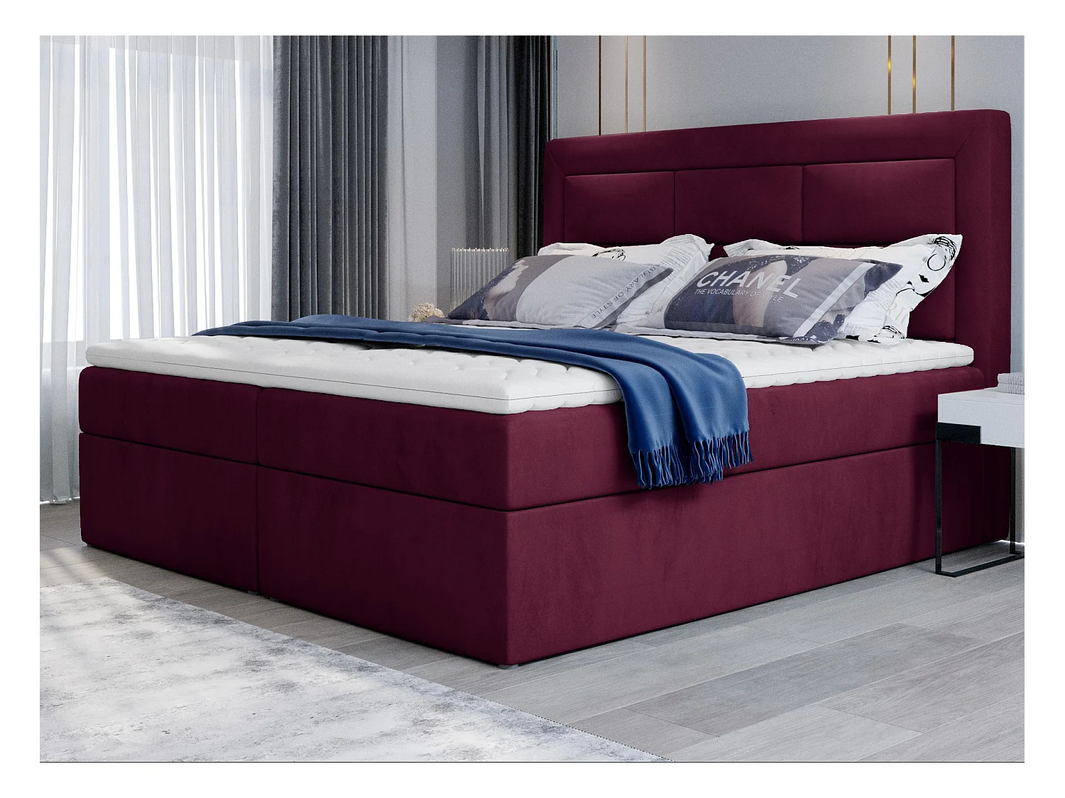 Lit continental velours prune Balore-Couchage 160x200 cm