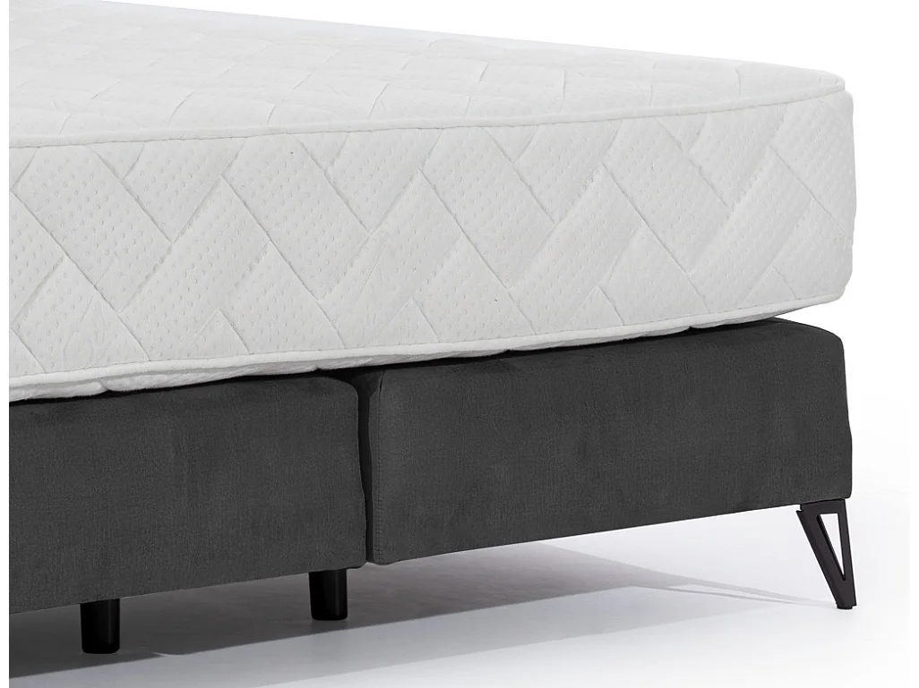 Lit continental tissu anthracite Tiempo avec matelas 30cm en latex et pied métal noir-180x200