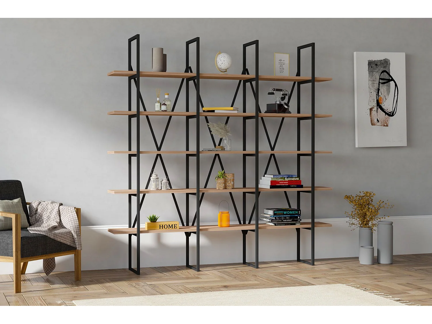 Estante de livros – 160 x 160 x 26 cm – Preto e Pinho Atlântico – Painel de partículas revestido a melamina, Estrutura metálica