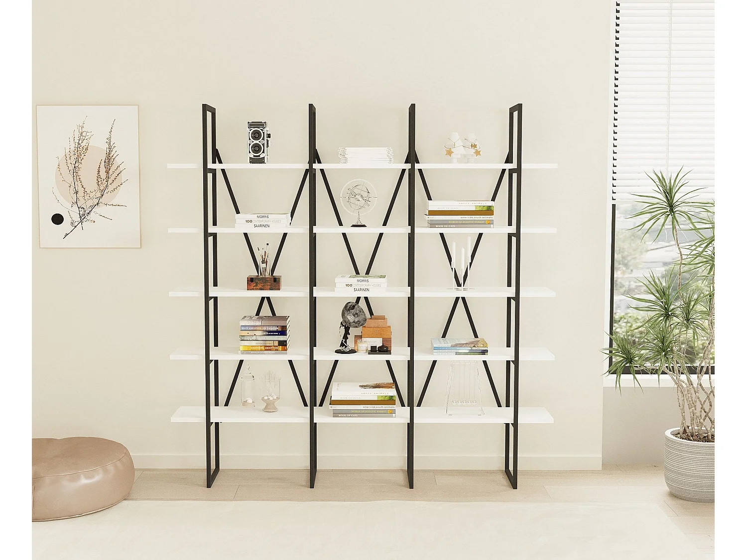 Étagère bibliothèque style industriel Axonda L160cm Métal Noir et Bois Blanc