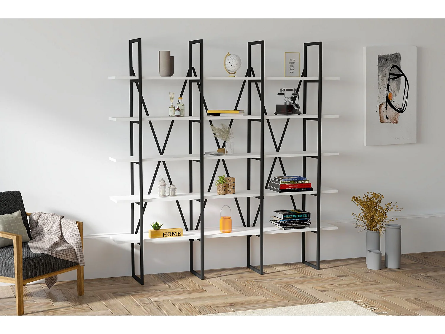 Estante de livros – 160cm x 160cm x 26cm – Preto e Branco – Metal e Painel de Partículas