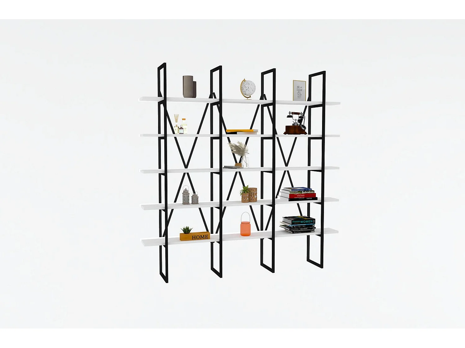 Étagère bibliothèque style industriel Axonda L160cm Métal Noir et Bois Blanc